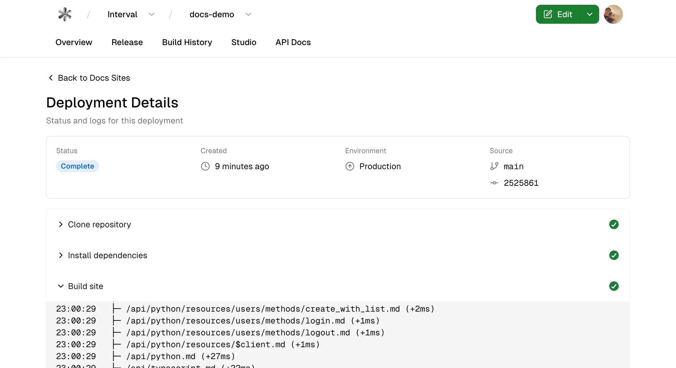 The Stainless dashboard showing Deployment Details for a specific build of a docs site. The status, creation time, environment, and source details are shown along the top, with expandable sections showing detailed logs below for each build phase.