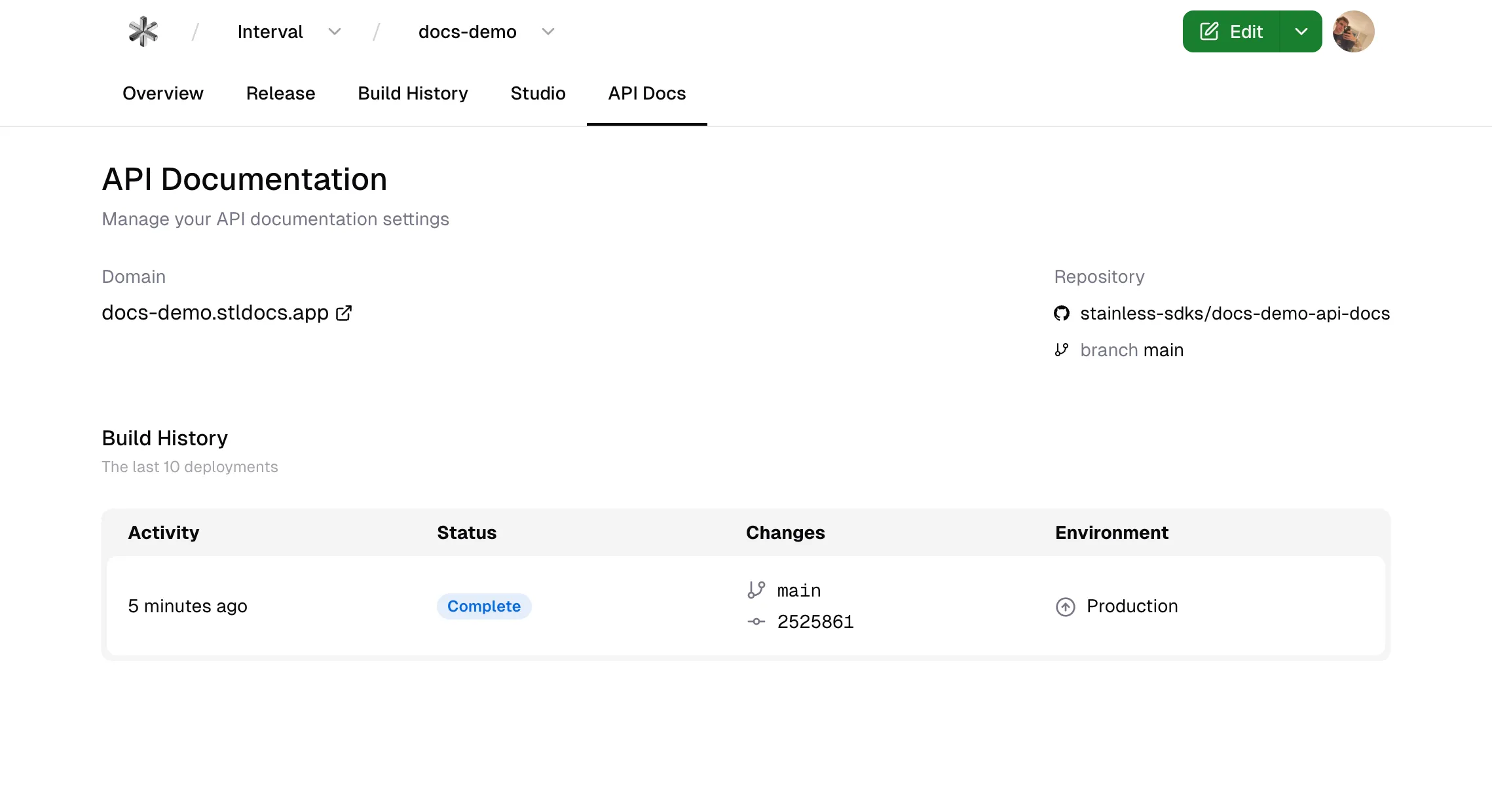 The Stainless dashboard showing the API Docs tab showing a demo site. The staging domain, repository, and build history for the site are shown.