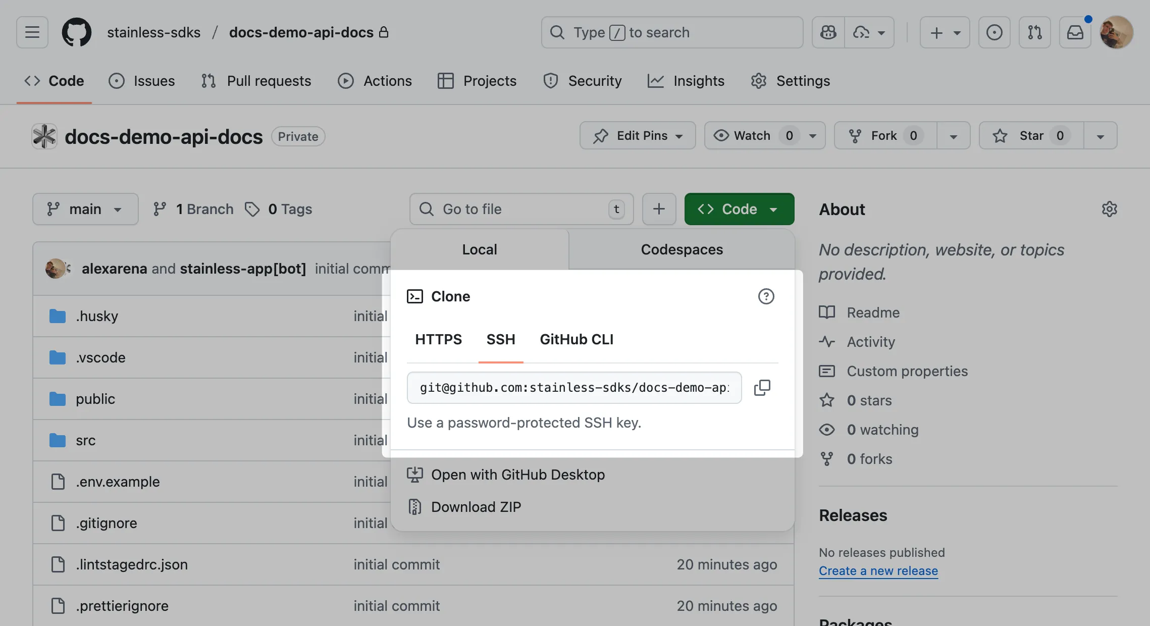 The demo docs repo on GitHub, with the SSH tab of the local clone panel highlighted.
