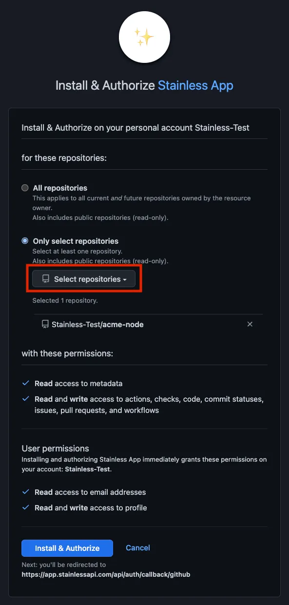 Install and authorize the Stainless GitHub app