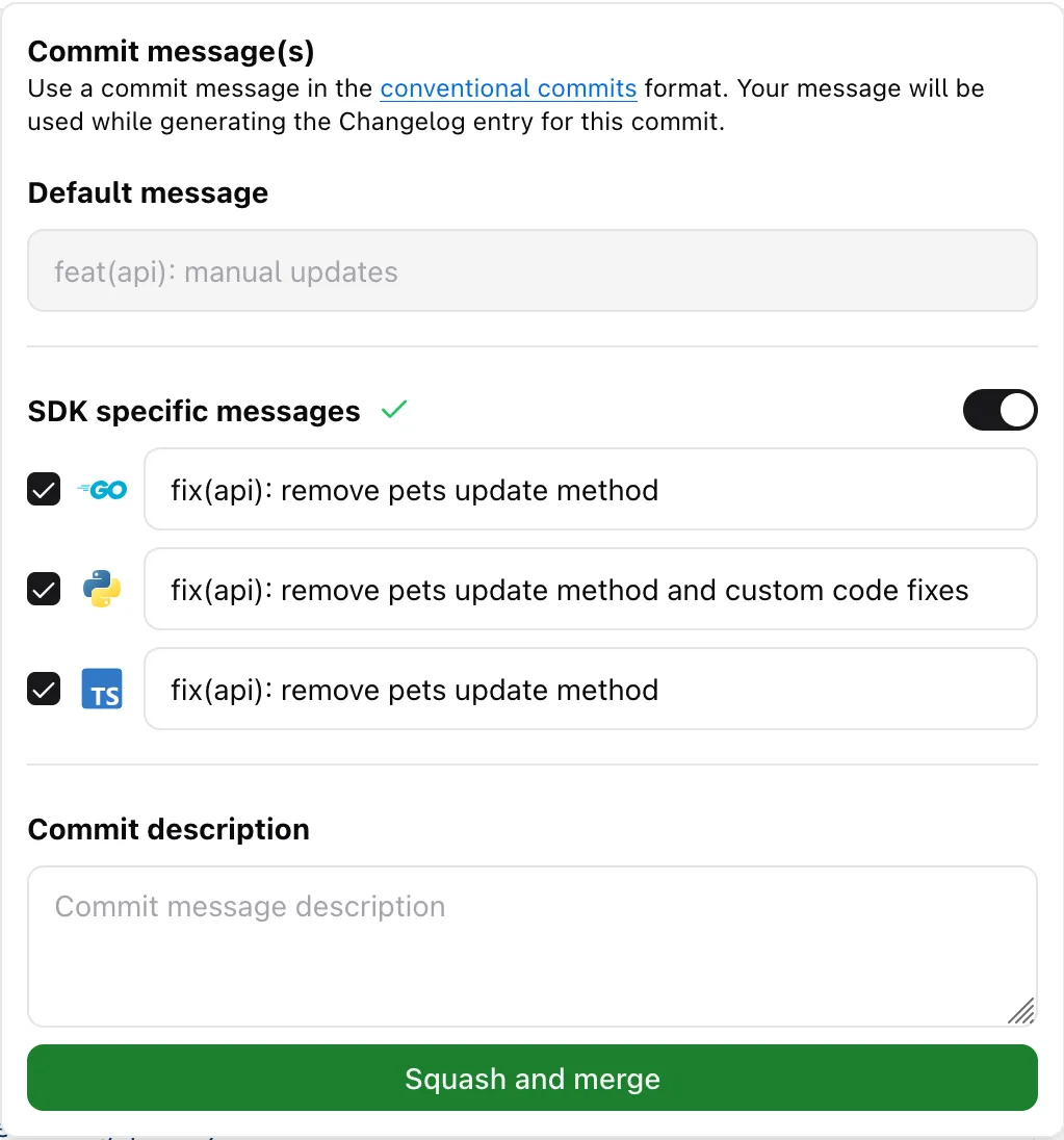 Studio merge dialog with AI commit messages