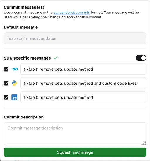 Studio merge dialog with AI commit messages