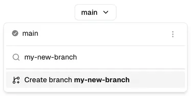 The branches menu showing creation of a new branch via the search field.
