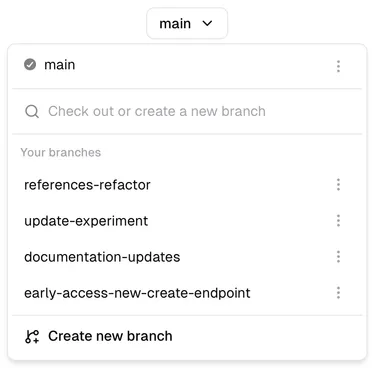 The branches menu in the Stainless studio with the main branch selected, a search field, several other branches listed, and a create a new branch option at the bottom.
