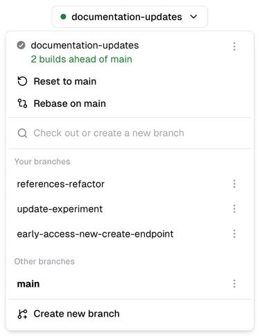 The branches menu on a documentation-updates branch with a status of '2 builds ahead of main'.
