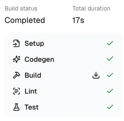 A completed build showing success next to all steps, and a download button next to the build step.