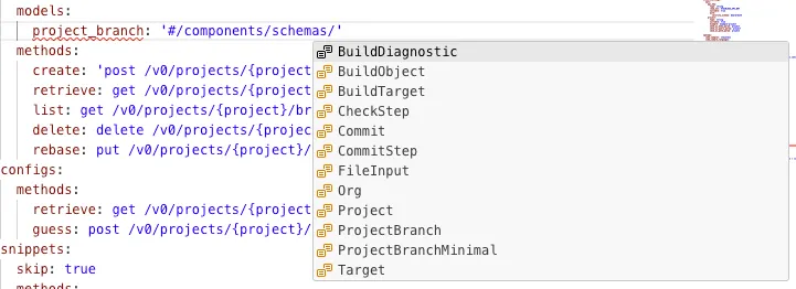 Completions demo showing context-aware autocompletion suggestions in the Stainless config