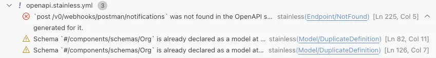 Diagnostics demo showing real-time error detection in the Stainless config file