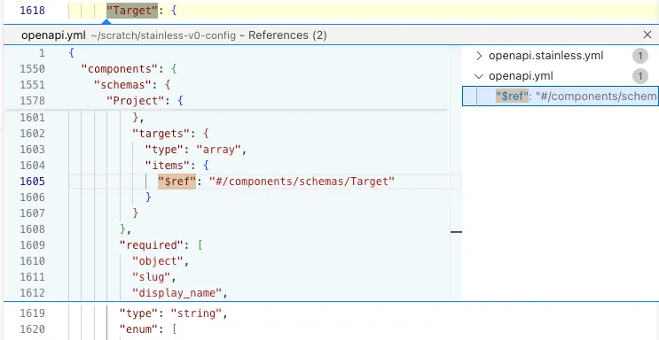 Go to definition demo showing navigation from config to OpenAPI spec schema definitions