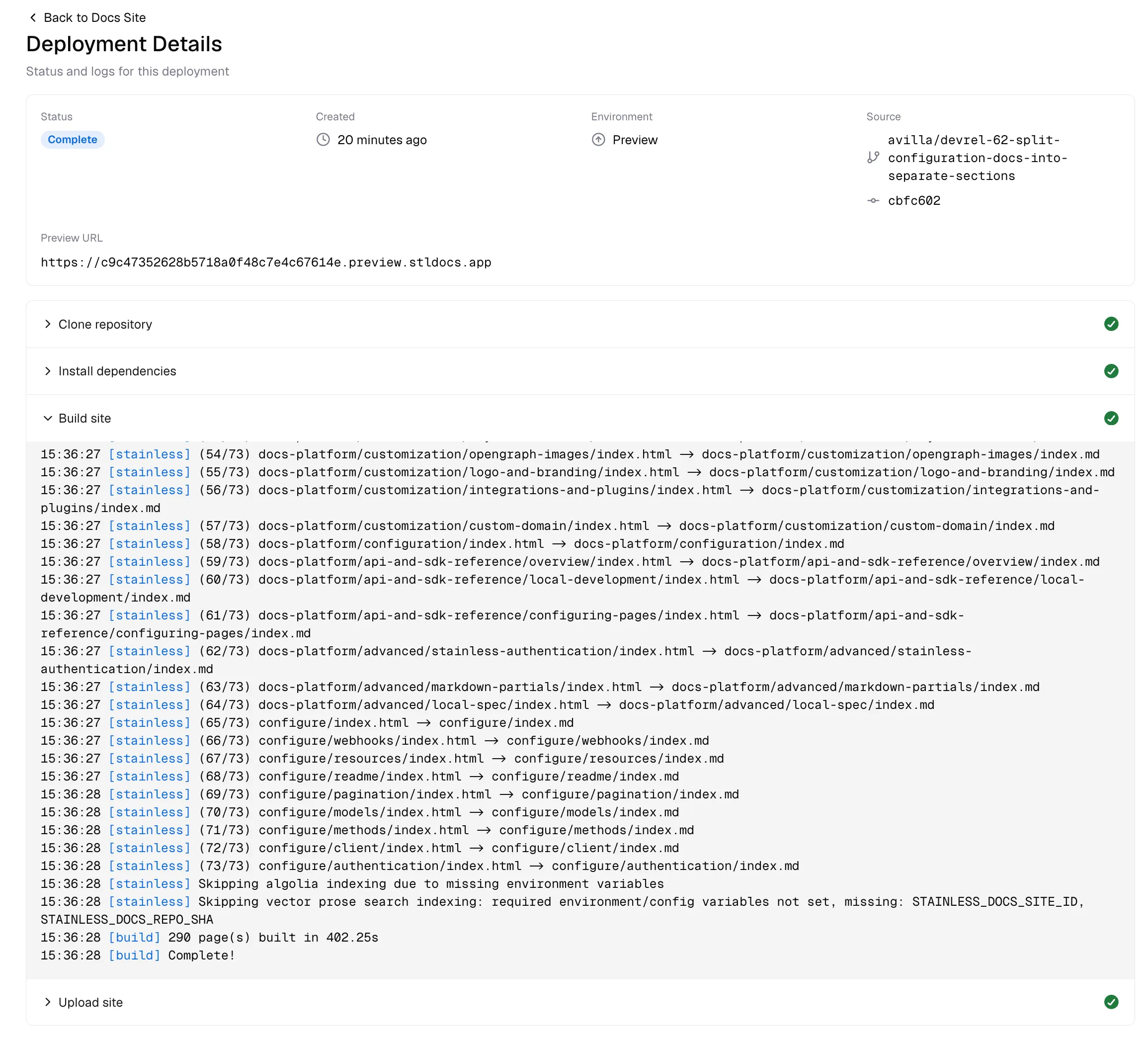 The Stainless dashboard deployment details page with the Build site step expanded, showing detailed build logs including page generation output.