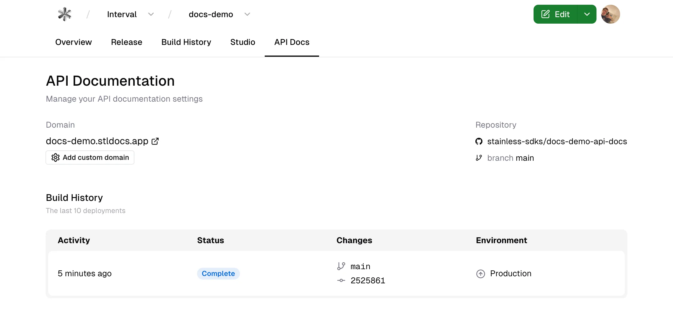 The Stainless dashboard showing the API Docs tab showing a demo site.  The staging domain, repository, and build history for the site are shown.