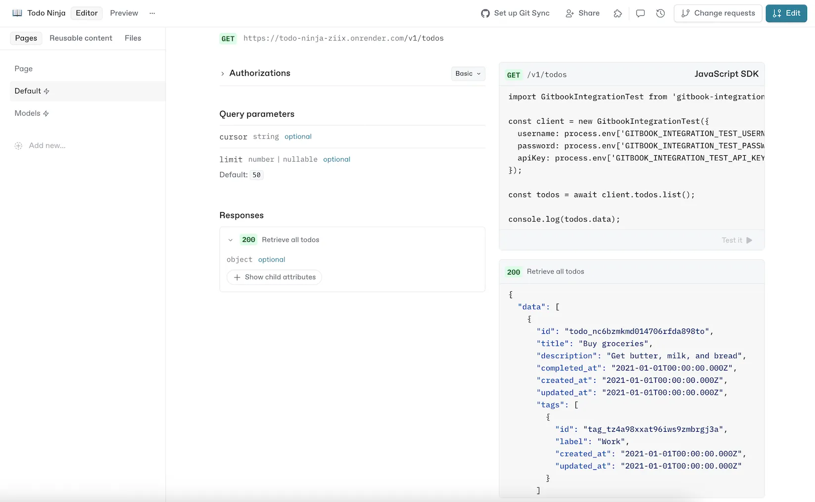 JavaScript code example rendered by GitBook API docs