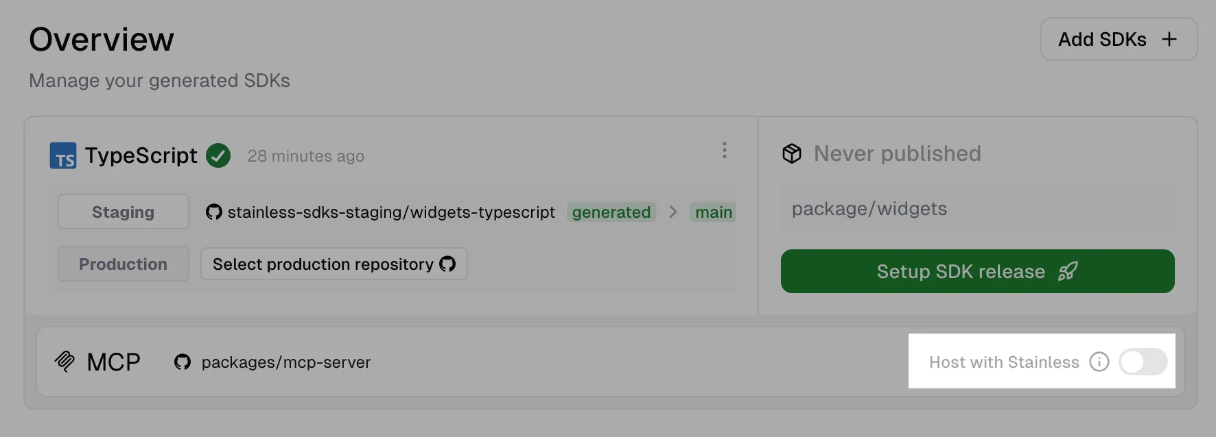 The SDK Studio MCP pane showing the Host with Stainless toggle switch