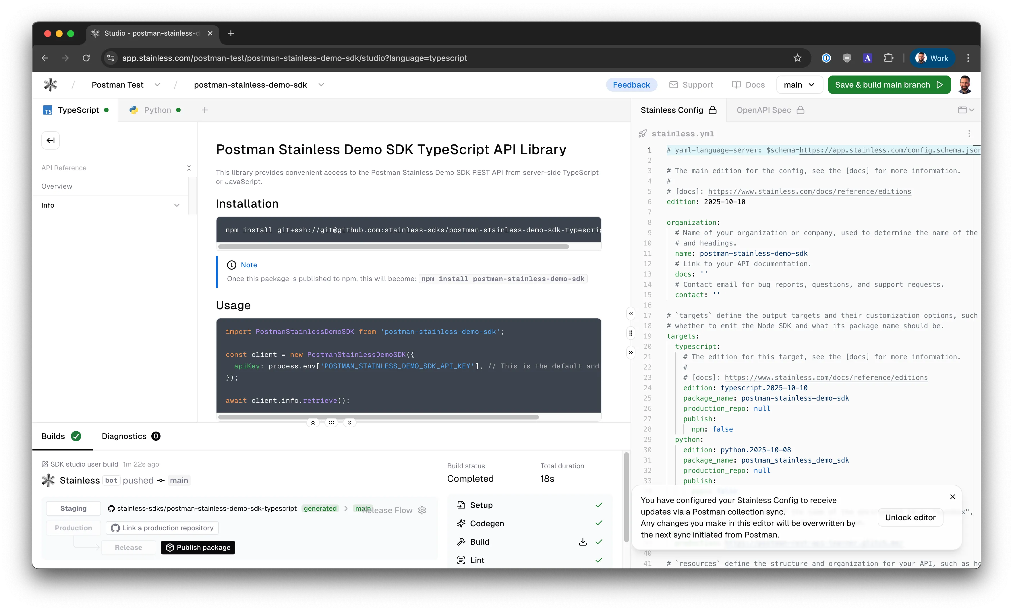 Results showing generated SDKs