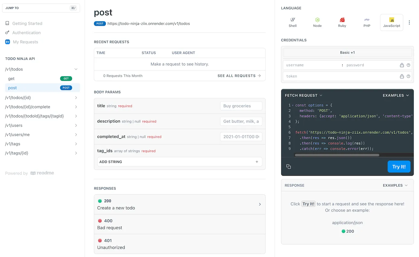 JavaScript code example rendered by ReadMe API docs