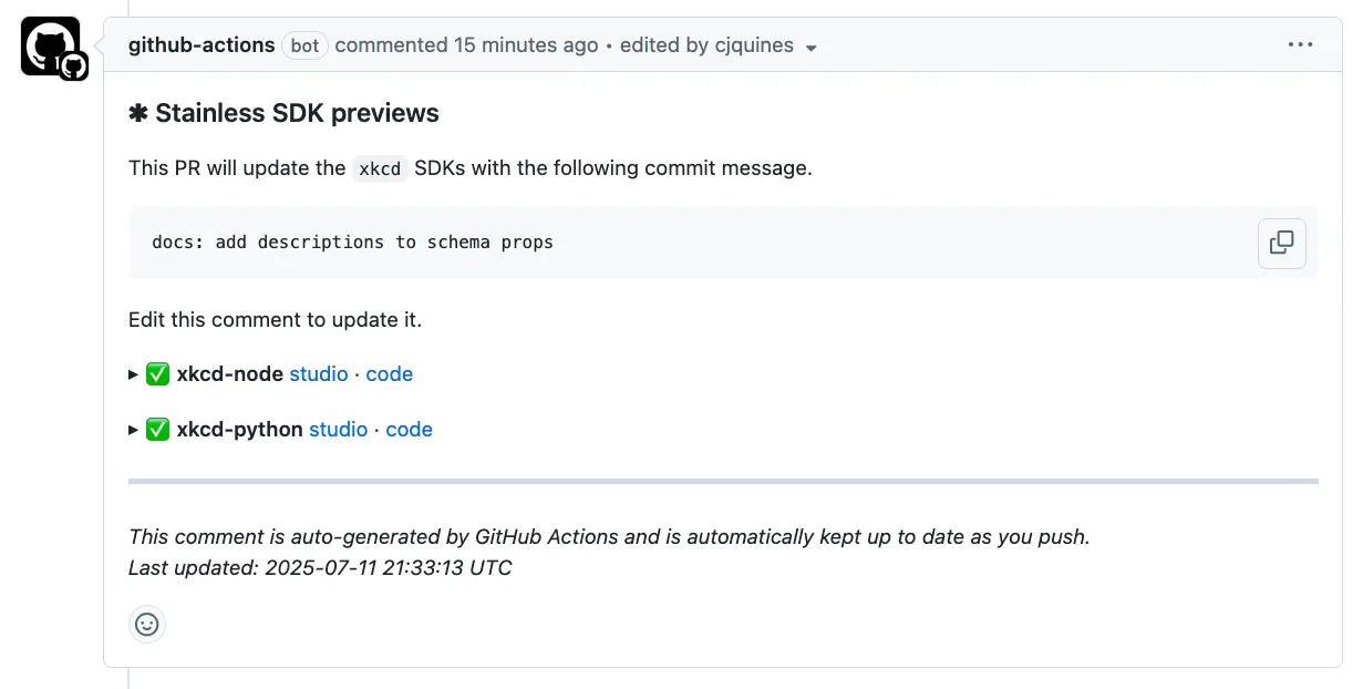 Screenshot of an example SDK preview build comment in GitHub.  The comment includes a commit message that will be used and details about the SDKs built.  There's also a notice at the bottom about the comment automatically being kept up to date as you push.