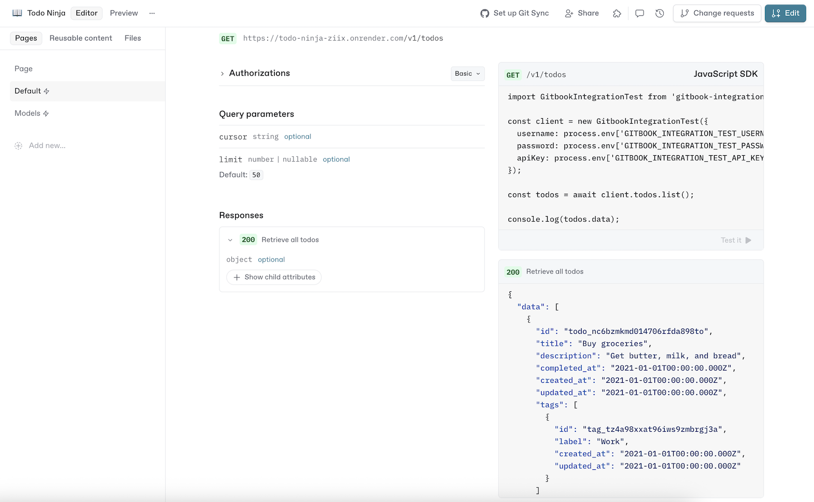 JavaScript code example rendered by GitBook API docs